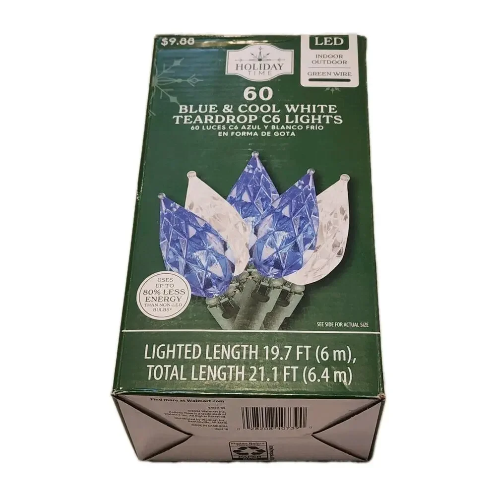 Holiday Time 60ct Blue & Cool White Teardrop C6 LED Lights 21.1' Indoor Outdoor